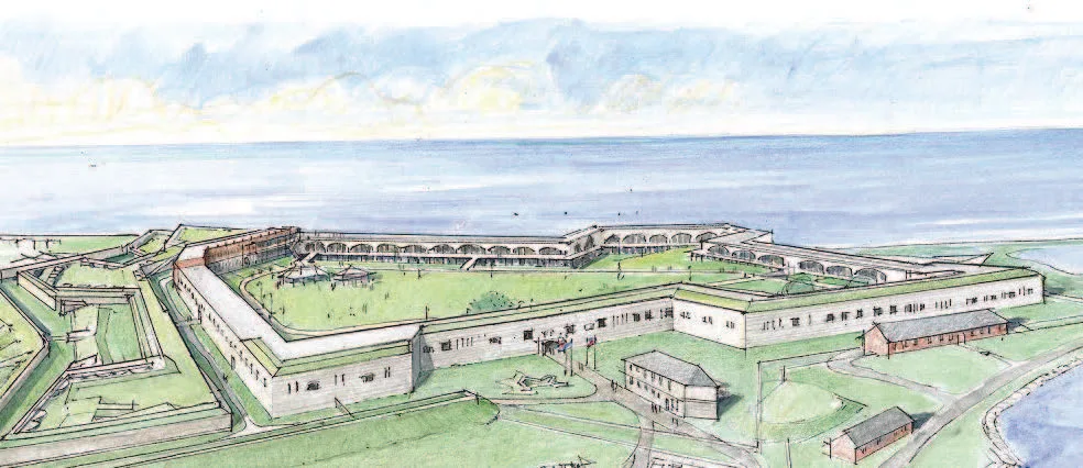 Illustrated period rendering of Fort Adams showing the full fortification on the point